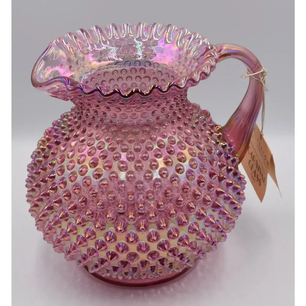 Vintage Fenton Hobnail Pink Opalescent Carnival Glass Art Crimped Top Pitcher